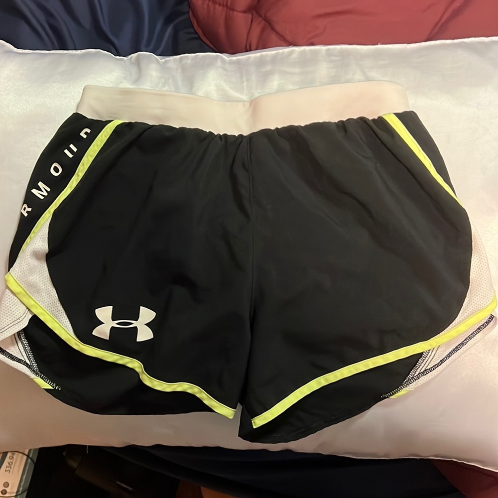 Under Armour black, white and neon shorts size adult small medium.